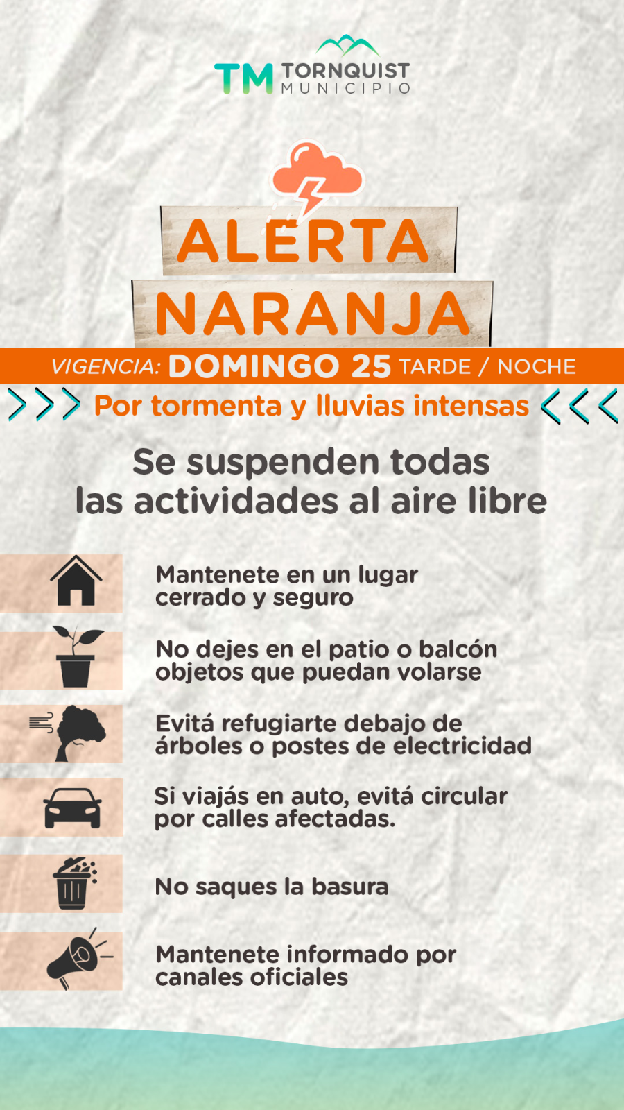 Alerta naranja por tormentas y lluvias intensas para el distrito