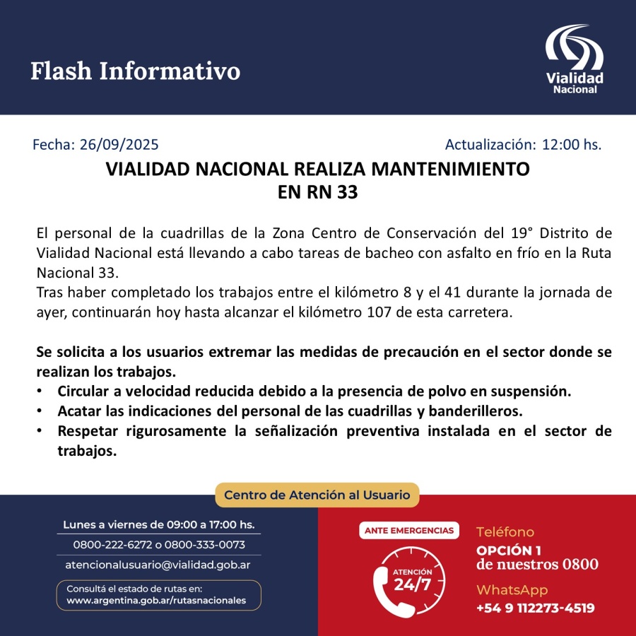 Vialidad Nacional realiza tareas de mantenimiento en la Ruta 33